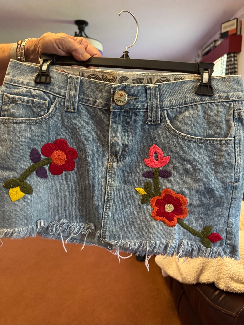 Embroidered Denim Mini Skirt - Blue with Red Floral Accents